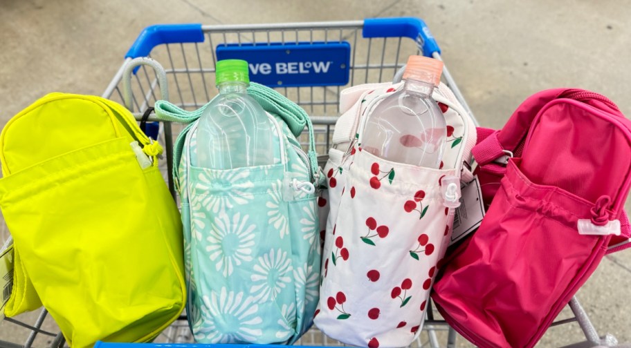 five below cart filled with water bottle bags in different colors and patterns