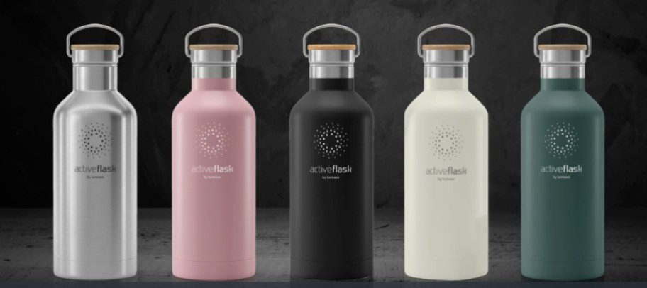 five water bottles in different colors
