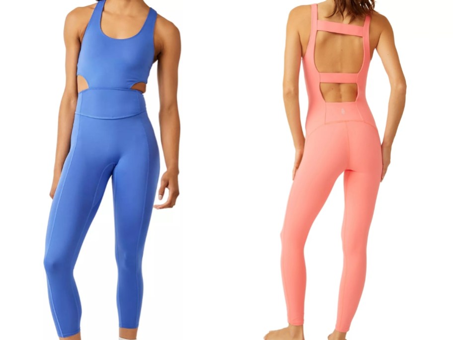 women wearing blue and pink one piece athletic bodysuits