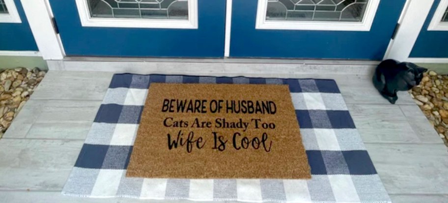 beware of husband cats are shady too wife is cool doormat on plaid mat 