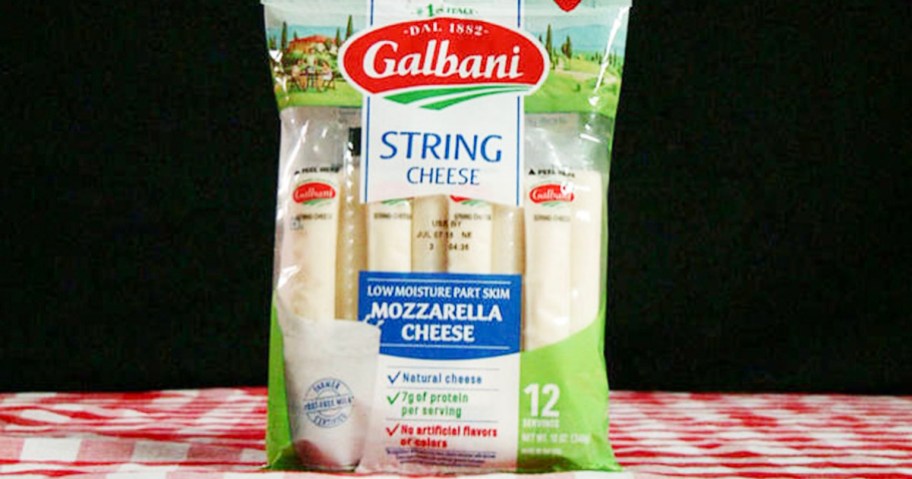 galbani string cheese pack sitting on table