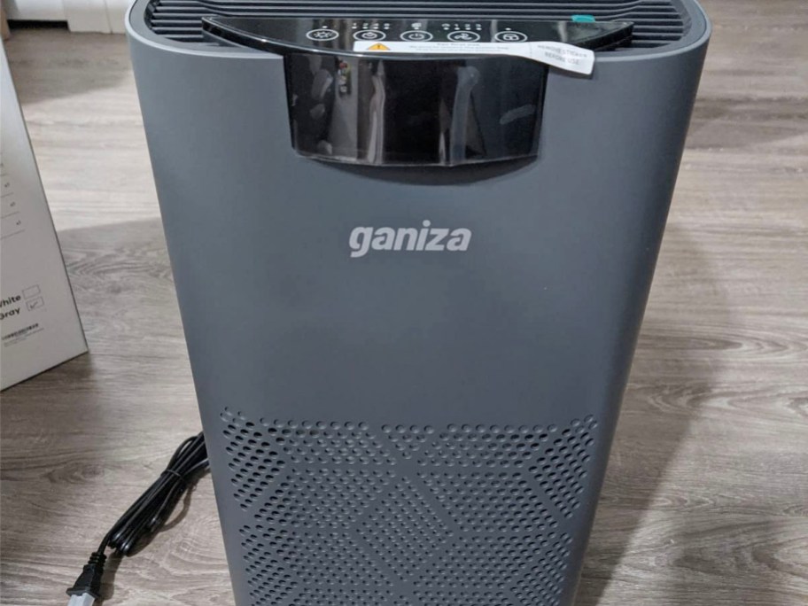 dark grey ganiza air purifier sitting on hardwood floor