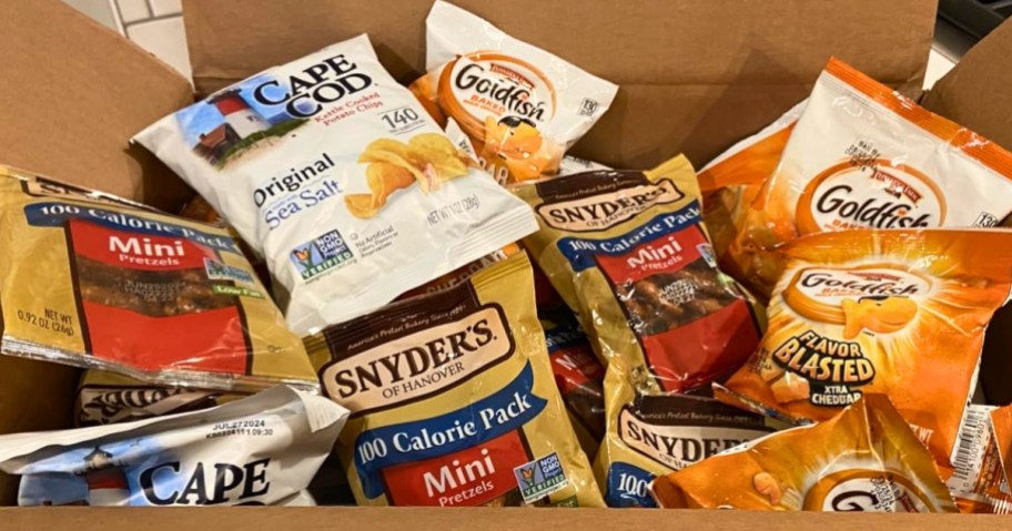large box filled with snack size bags of Goldfish Crackers, Snyder's of Hanover Pretzels & Cape Cod Potato Chips