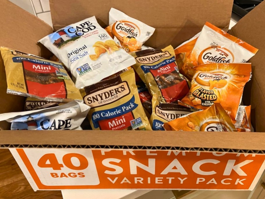 large box with 40 snack size bags of Goldfish Crackers, Snyder's of Hanover Pretzels & Cape Cod Potato Chips