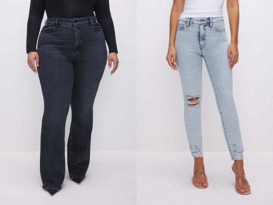woman wearing dark wash bootcut jeans and woman waring light wash ripped skinny jeans