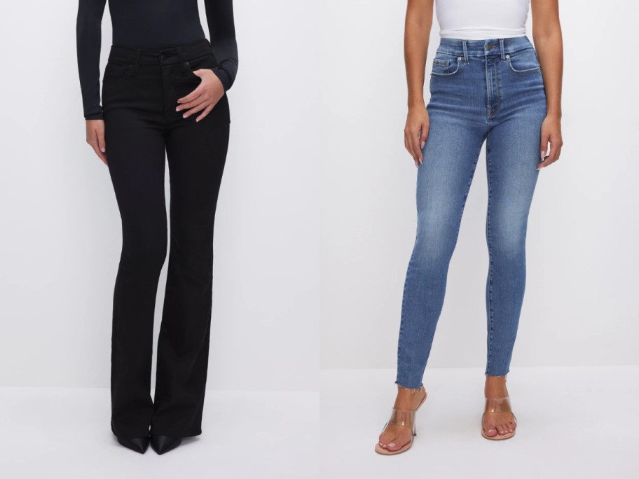 woman wearing black flare jeans and a black top and woman wearing cropped skinny blue jeans and a white top