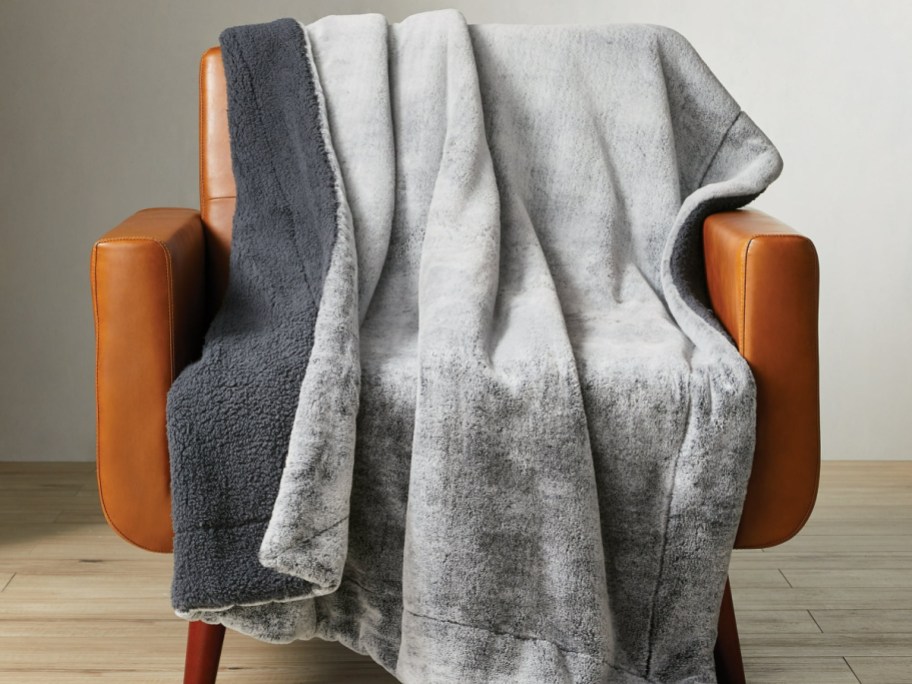 gray throw blanket faux fur displayed on a chair