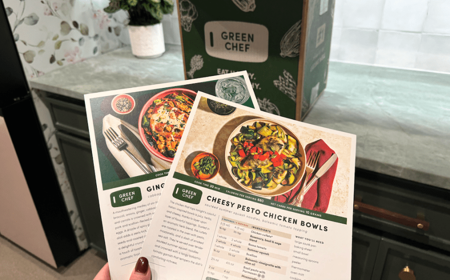 holding Green Chef meal cards 