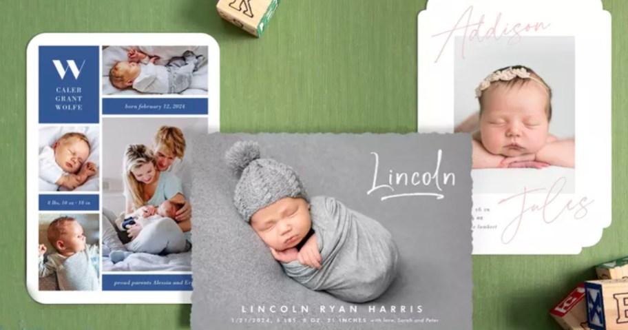 three birth announcement photo cards on green background