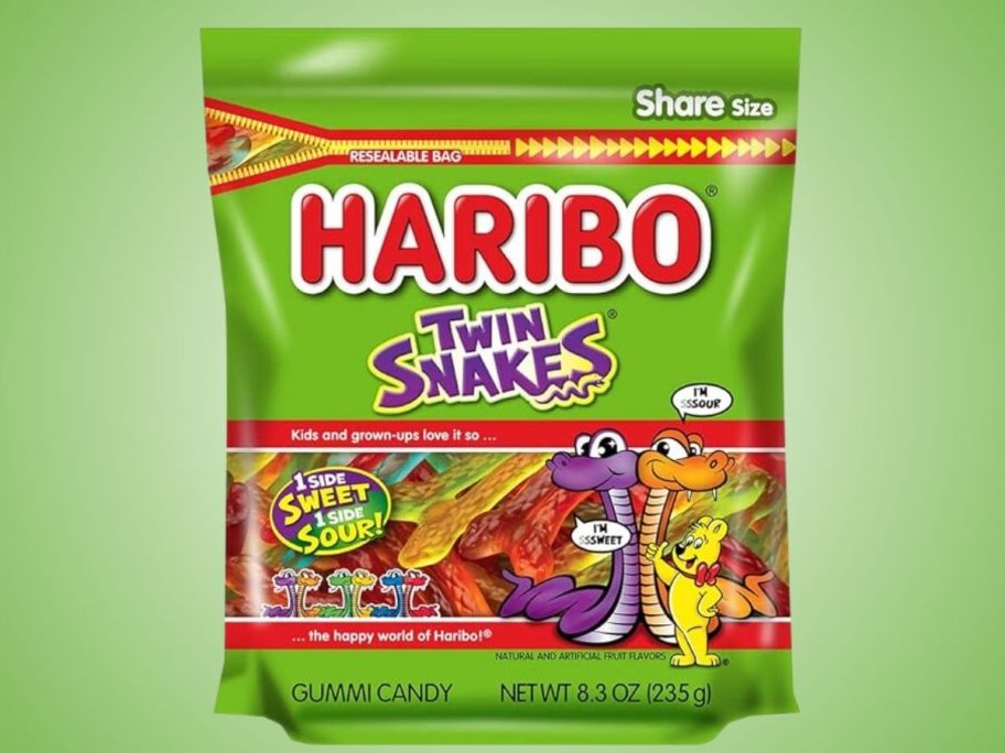 haribo snakes share size bag on green background