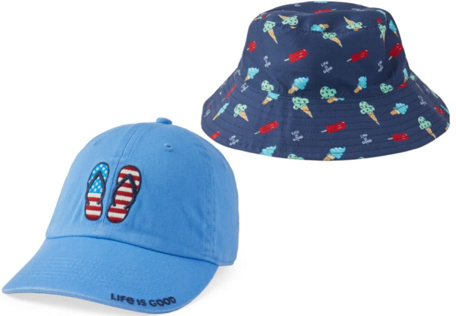a blue baseball cap and a kids patterned bucket hat