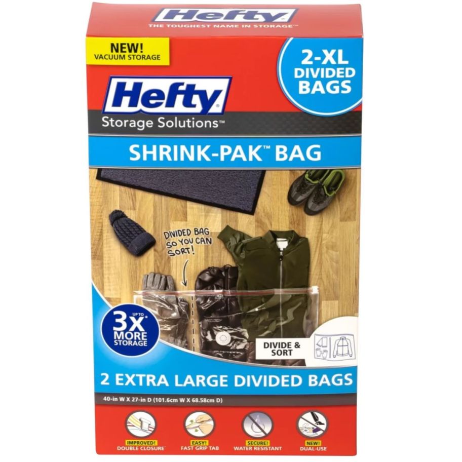 a 2 pack box of Hefty Shrink-Pak Extra Large Divided Vacuum Bags 
