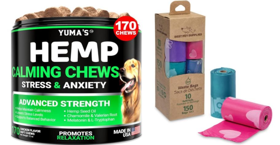 a canister of dog hemp chews and a package of doggy poop bags