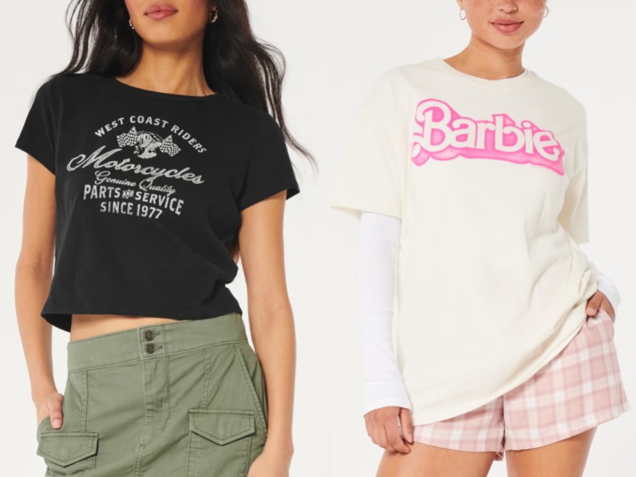women wearing graphic t-shirts, 1 black shirt with motorcycle graphics and 1 white shirt with Barbie