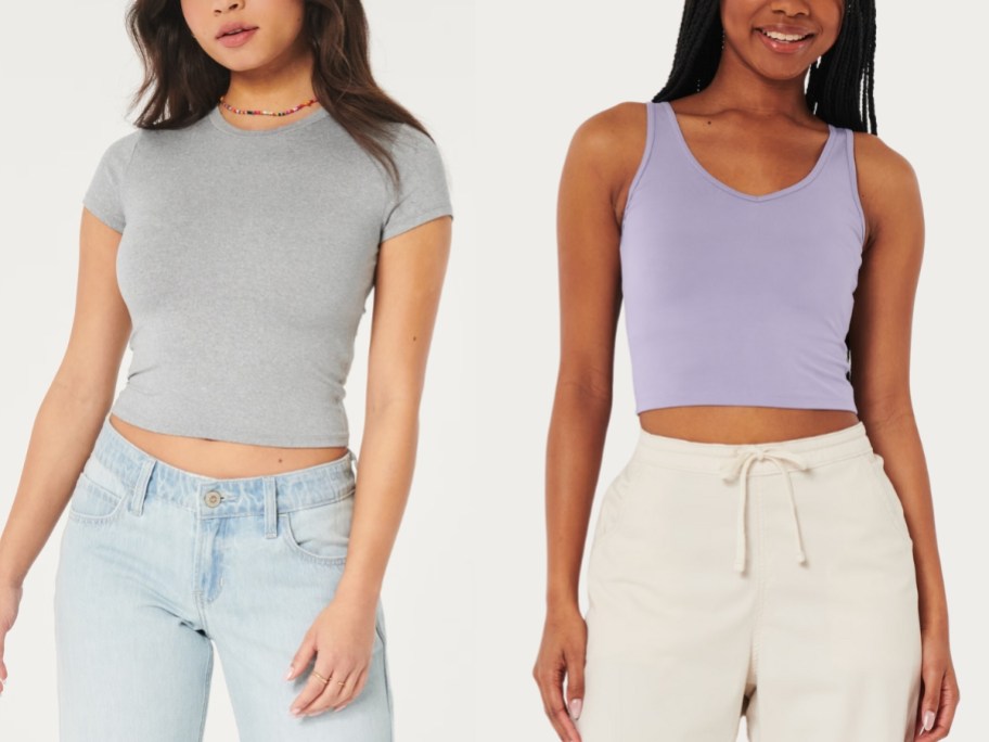 woman wearing a grey crop t-shirt and woman wearing a light purple v-neck cropped tank top