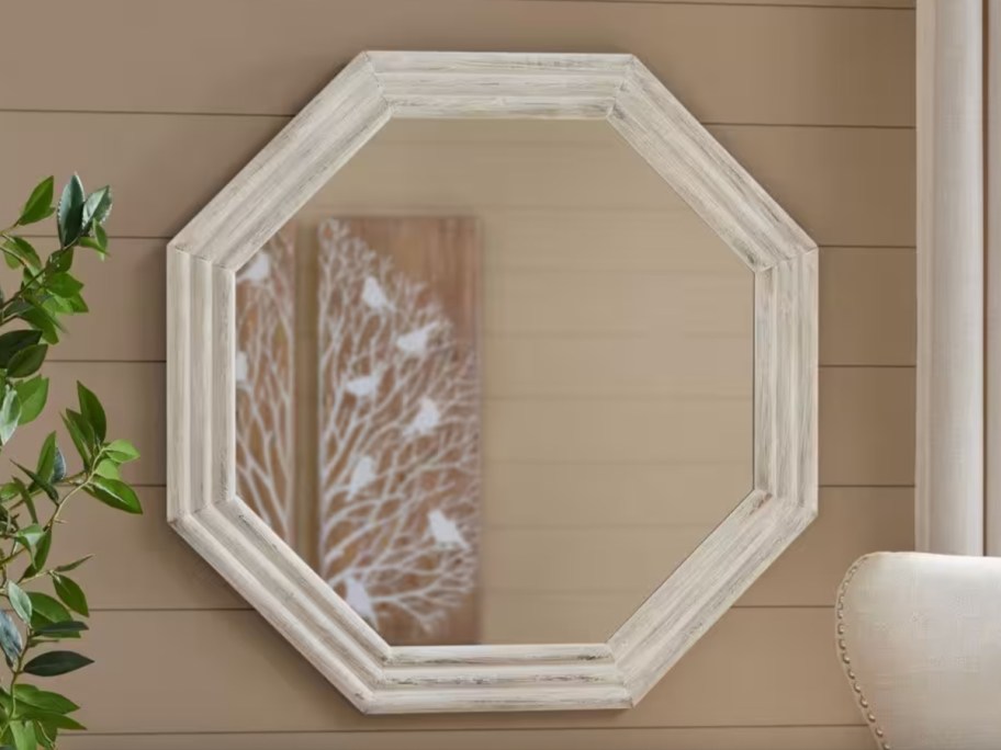 white octagon wood mirror