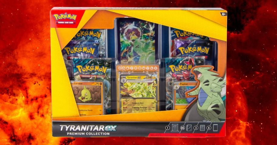 Pokémon Trading Card Game Tyranitar Ex Premium Collection against red background