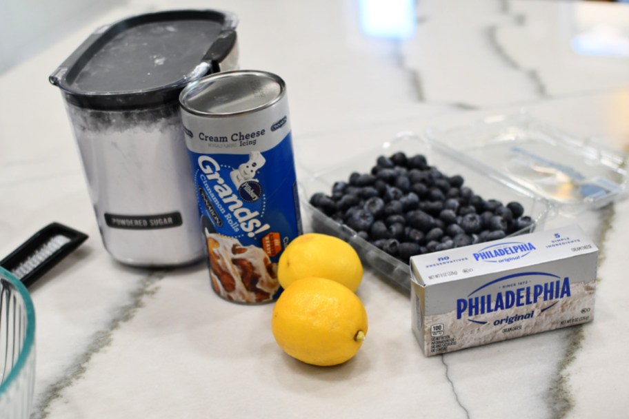 ingredients to make blueberry bake with cinnamon rolls