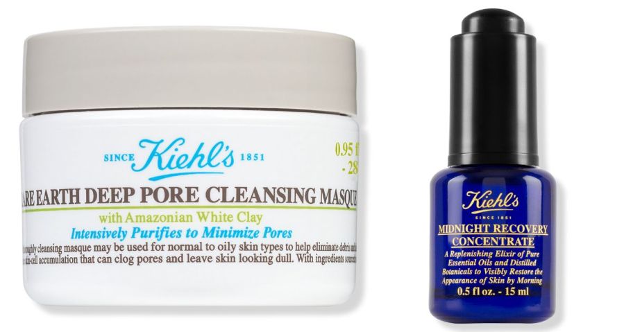Kiehl's Travel Size Rare Earth Deep Pore Cleansing Mask and Kiehl's Travel Size Midnight Recovery Concentrate stock images