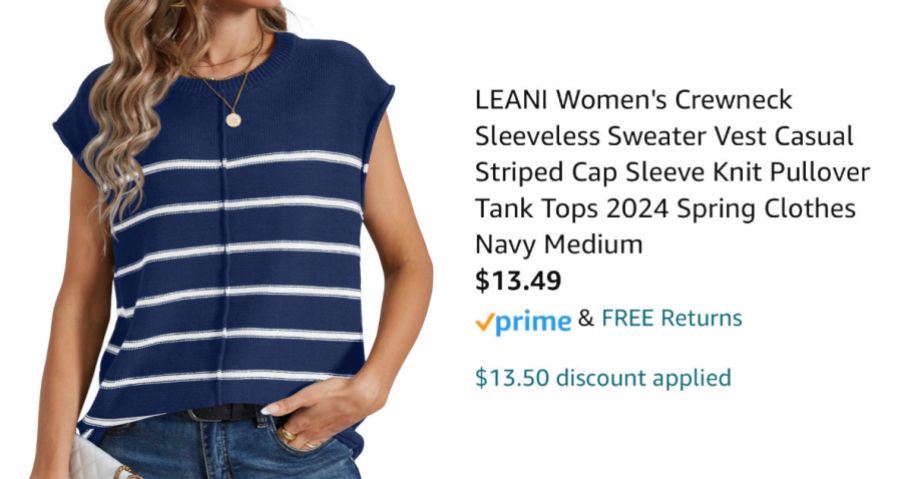 woman wearing blue and white striped shirt next to pricing information