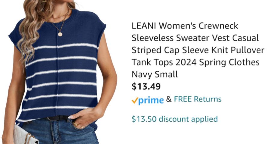 woman wearing striped sweater next to Amazon pricing information