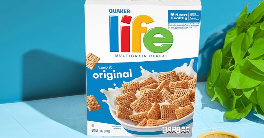 life original cereal box on blue table with plant next to it 