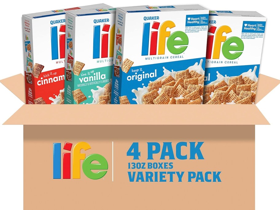 4 boxes of life cereal in box