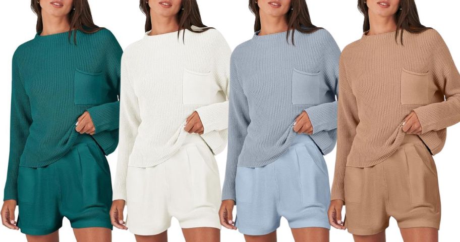 four women wearing ANRABESS Women Two Piece Outfits Sweater Sets Knit Pullover Long Sleeves Tops and Shorts Sweatsuit Lounge Set Tracksuits