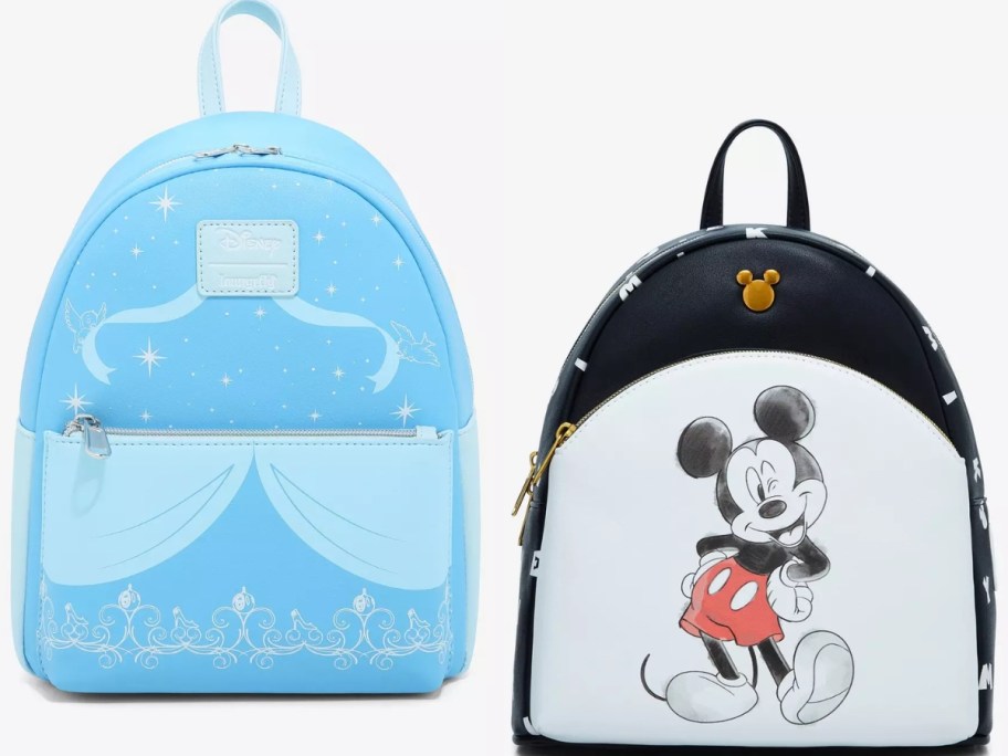 Loungefly backpacks with Disney Cinderella's blue Dress and black/white with Mickey Mouse