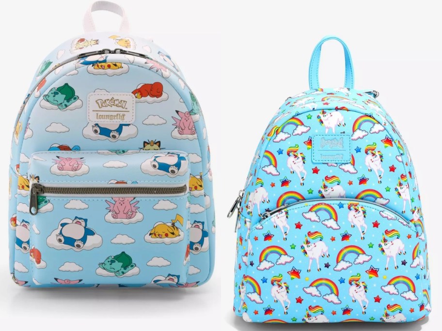 Loungefly Pokemon Backpack and Lisa Frank backpack with unicorns and rainbows