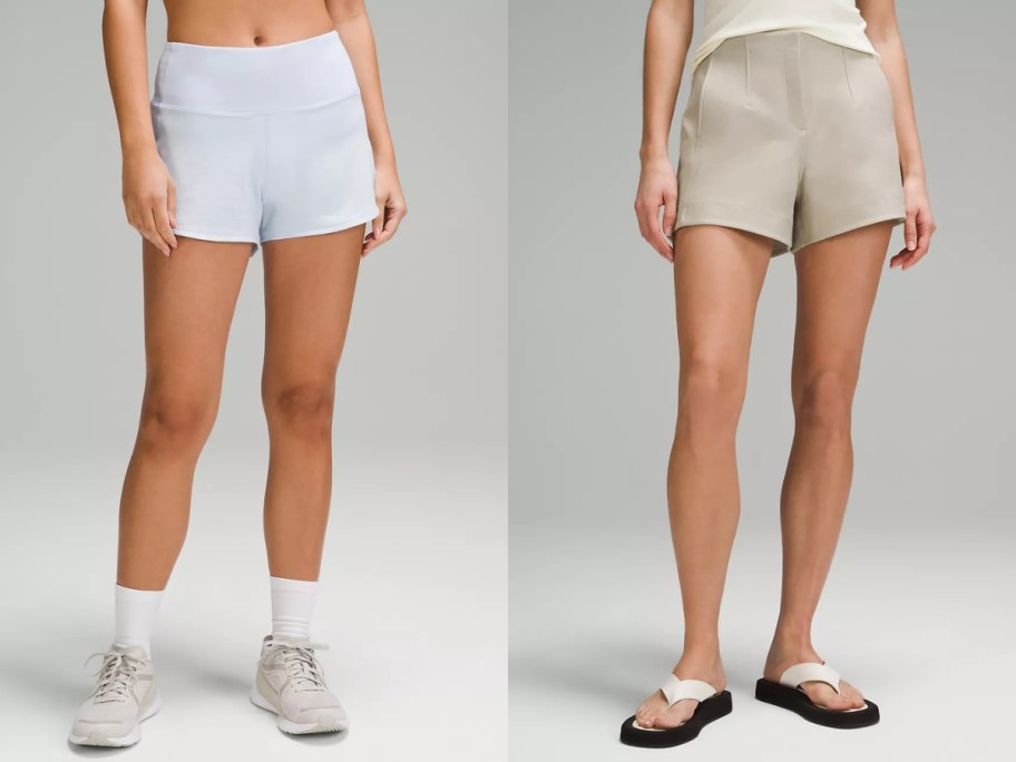 woman wearing light blue shorts and woman wearing khaki shorts