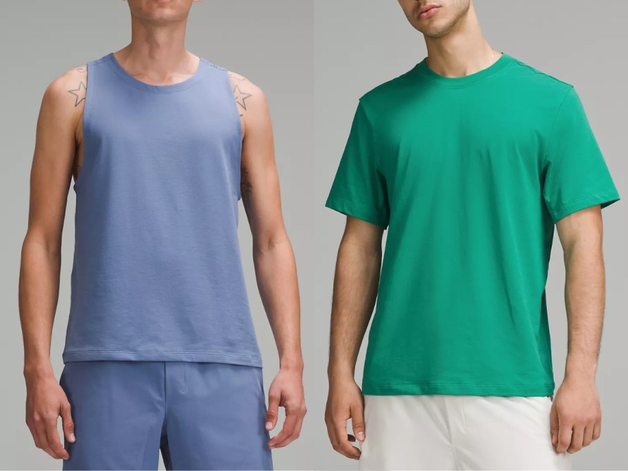 man wearing a light blue tank top and shorts and man wearing a green tshirt and white shorts