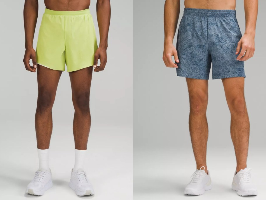 man wearing light greenish yellow shorts and man wearing blue shorts