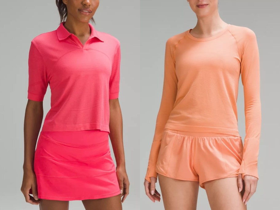 woman wearing a bright pink polo shirt and skirt and woman wearing an orange long sleeve tee and shorts