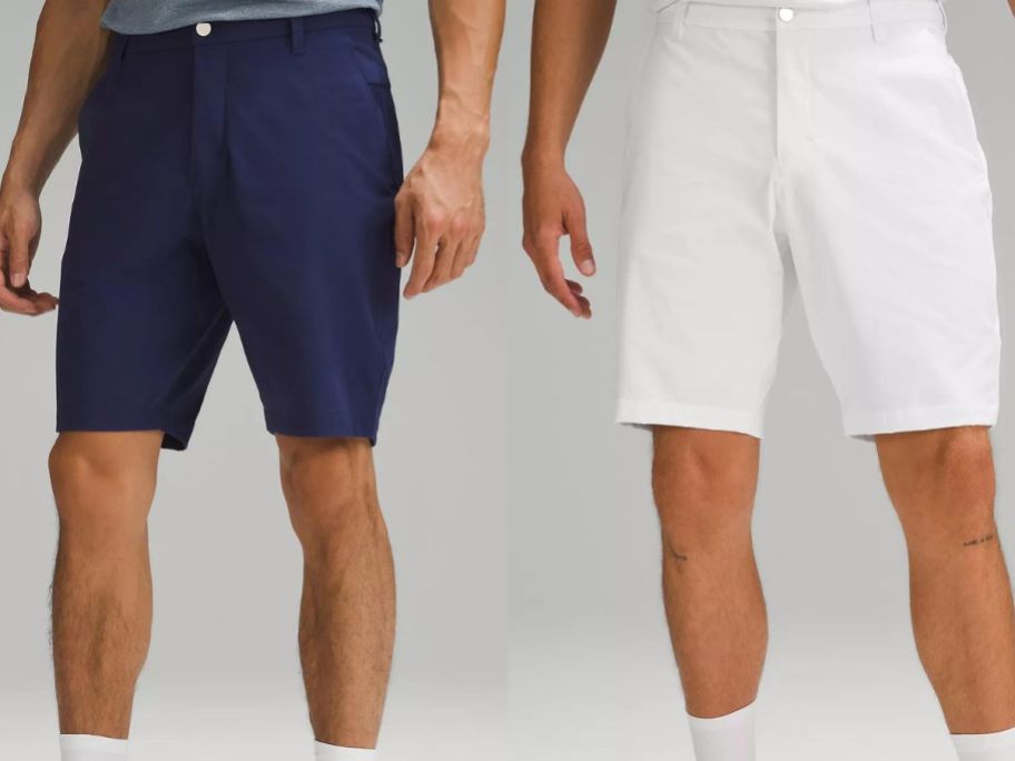stock images of 2 mwn wearing lululemon golf shorts