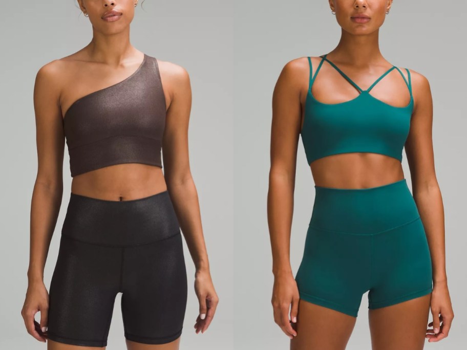 women wearing different color lululemon yoga bras and shorts or leggings