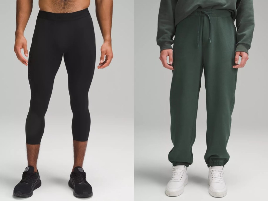 man wearing black workout tights and man wearing green joggers