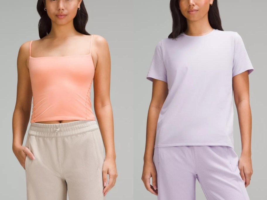 woman wearing a peach color tank top and tan shorts and woman wearing a light purple tshirt and pants