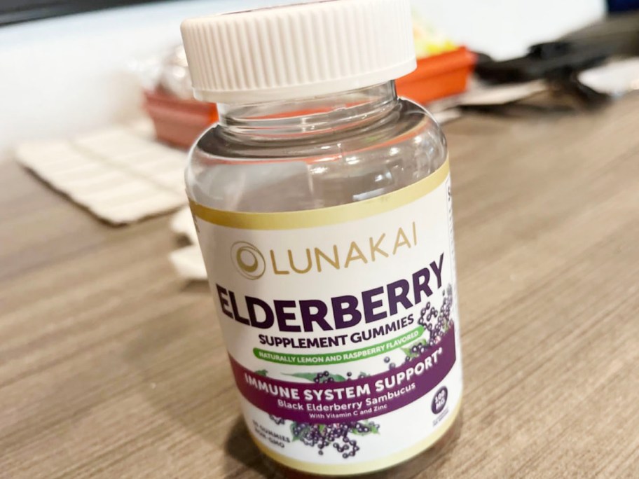 lunakai elderberry gummies bottle on desk