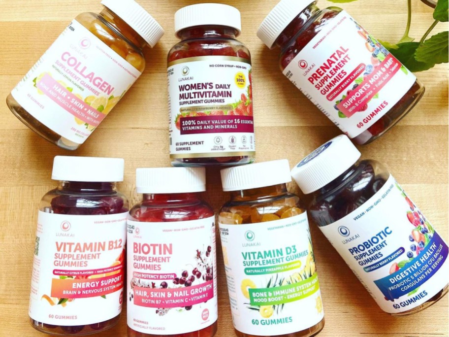 many gummy vitamin bottles in a pile