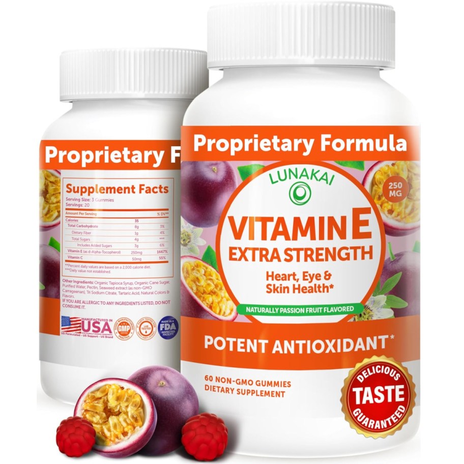 vitamin E gummies in bottle front and back image with fruit image in front 