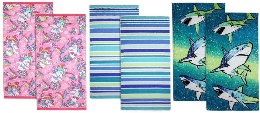 Three styles of Mainstays beach towels.