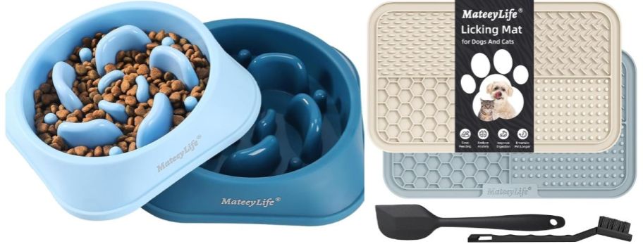 a pair of slw freeder dog bowls and a pair of licking mats for treats 
