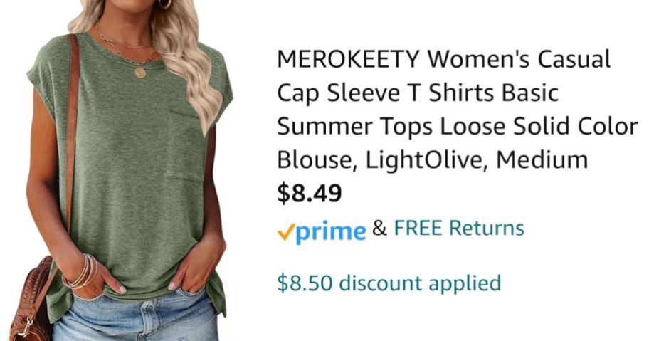 woman wearing green shirt next to Amazon pricing information