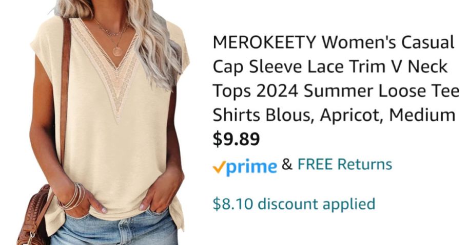 woman wearing sleeveless shirt next to Amazon pricing information