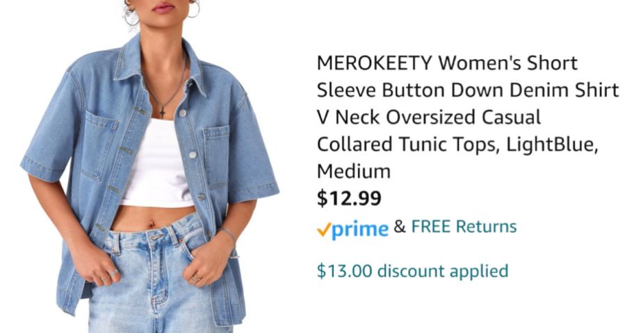 woman wearing a denim shirt next to Amazon pricing information
