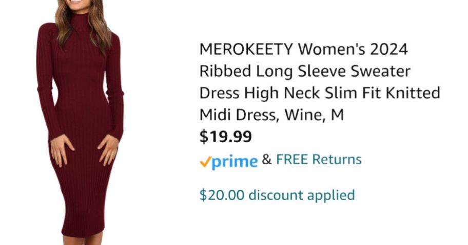 woman wearing turtleneck dress next to Amazon pricing information
