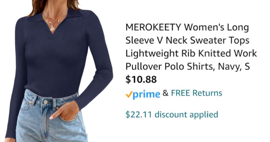 woman wearing blue shirt next to Amazon pricing informaion