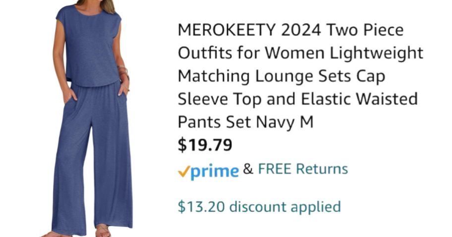woman wearing blue lounge set next to Amazon pricing information