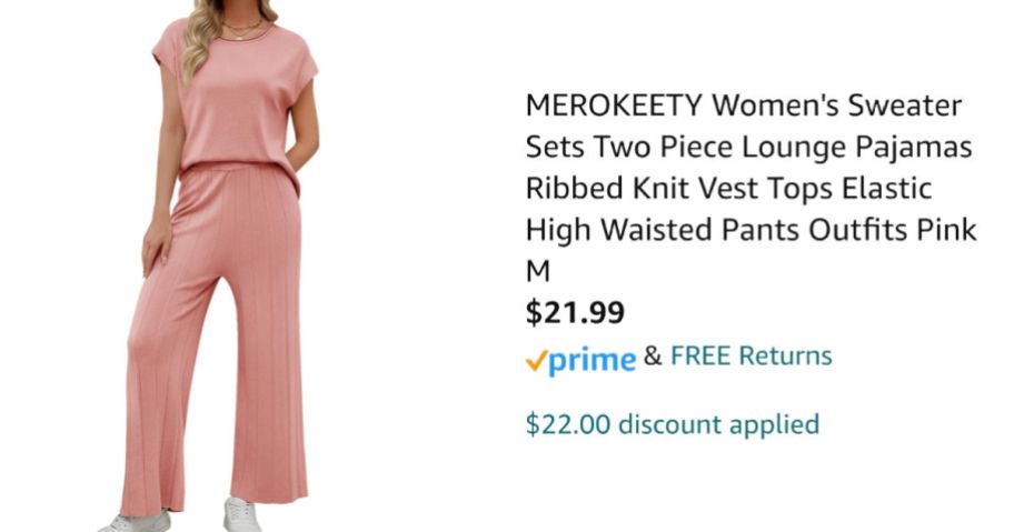 woman wearing pink lounge set next to Amazon pricing information